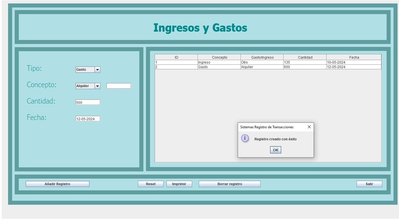 Java application for registering finance